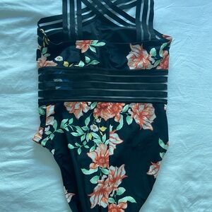 Black and Orange One Piece Swim with Ruched Midsection